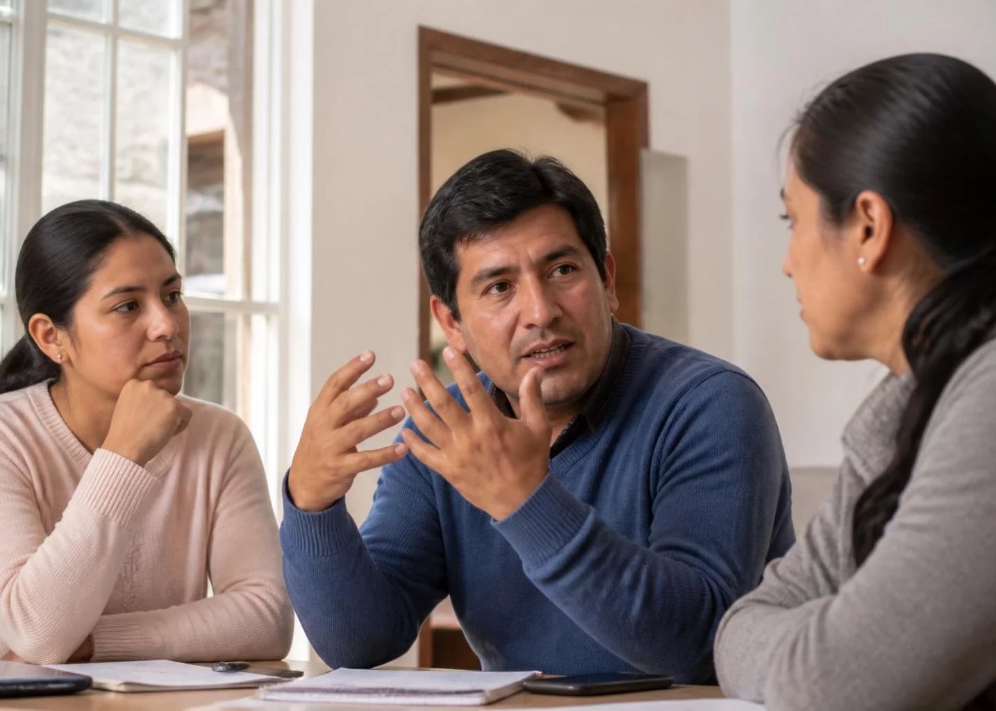 Sala de reuniones iluminada, con tres personas y una de pie explicando