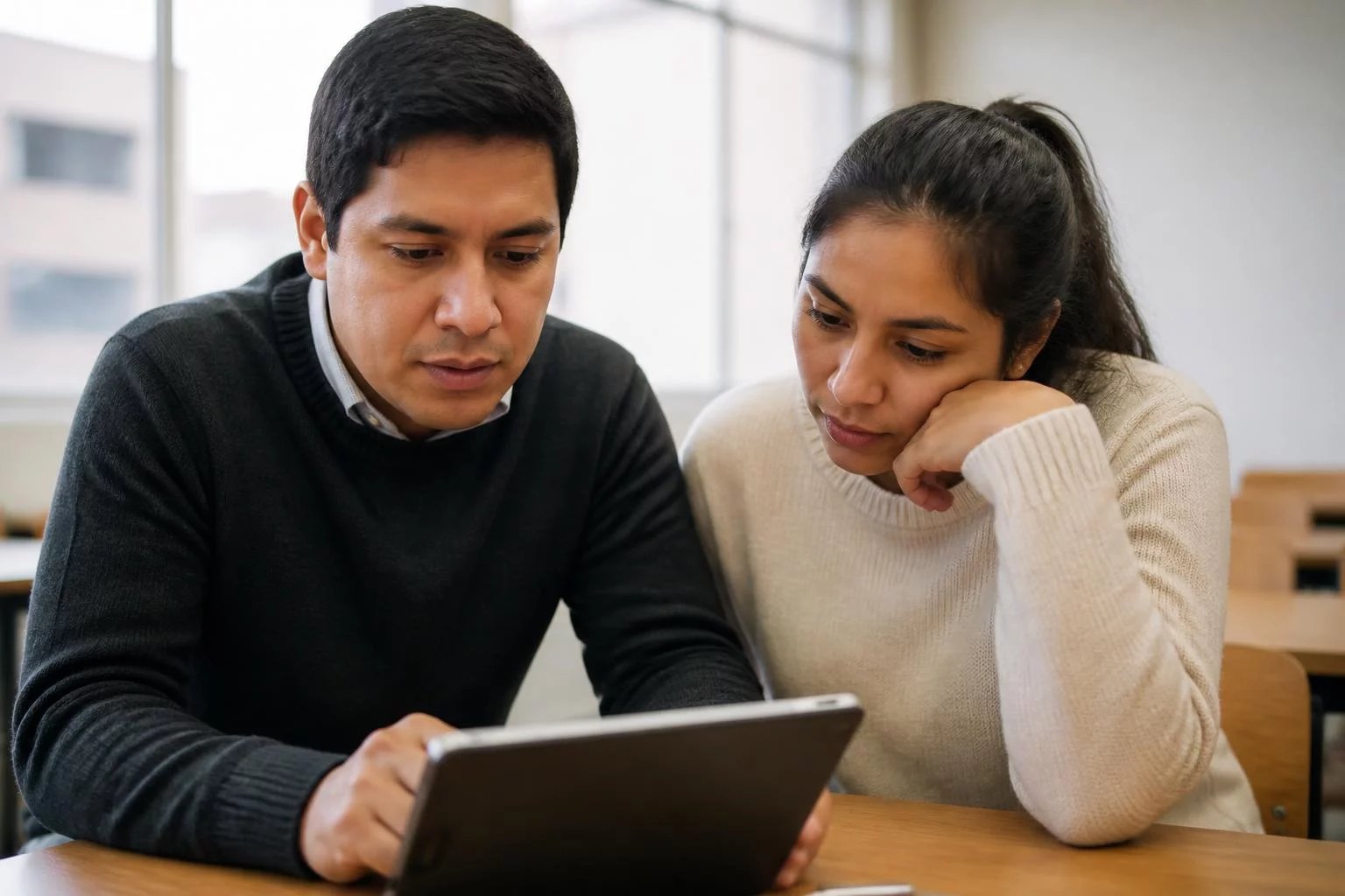 Dos personas revisando notas en una tablet sobre la mesa
