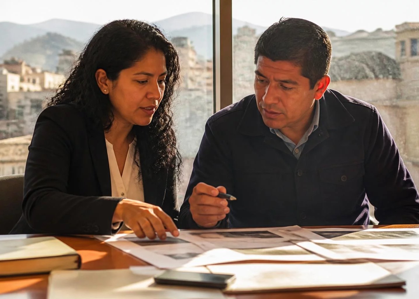 Dos participantes ante una mesa llena de hojas impresas